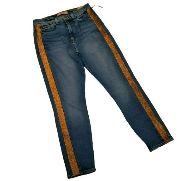 7 For All Mankind Ankle Skinny Jean High Waist Gold Stripe Blue Women's 27 - Picture 2 of 15